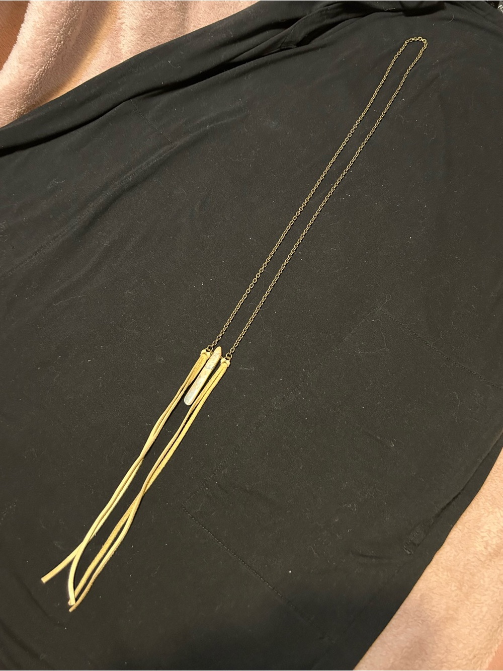 Vintage boho Goldtone chain Long Pendant leather Tassel Necklace - Women Jewelry